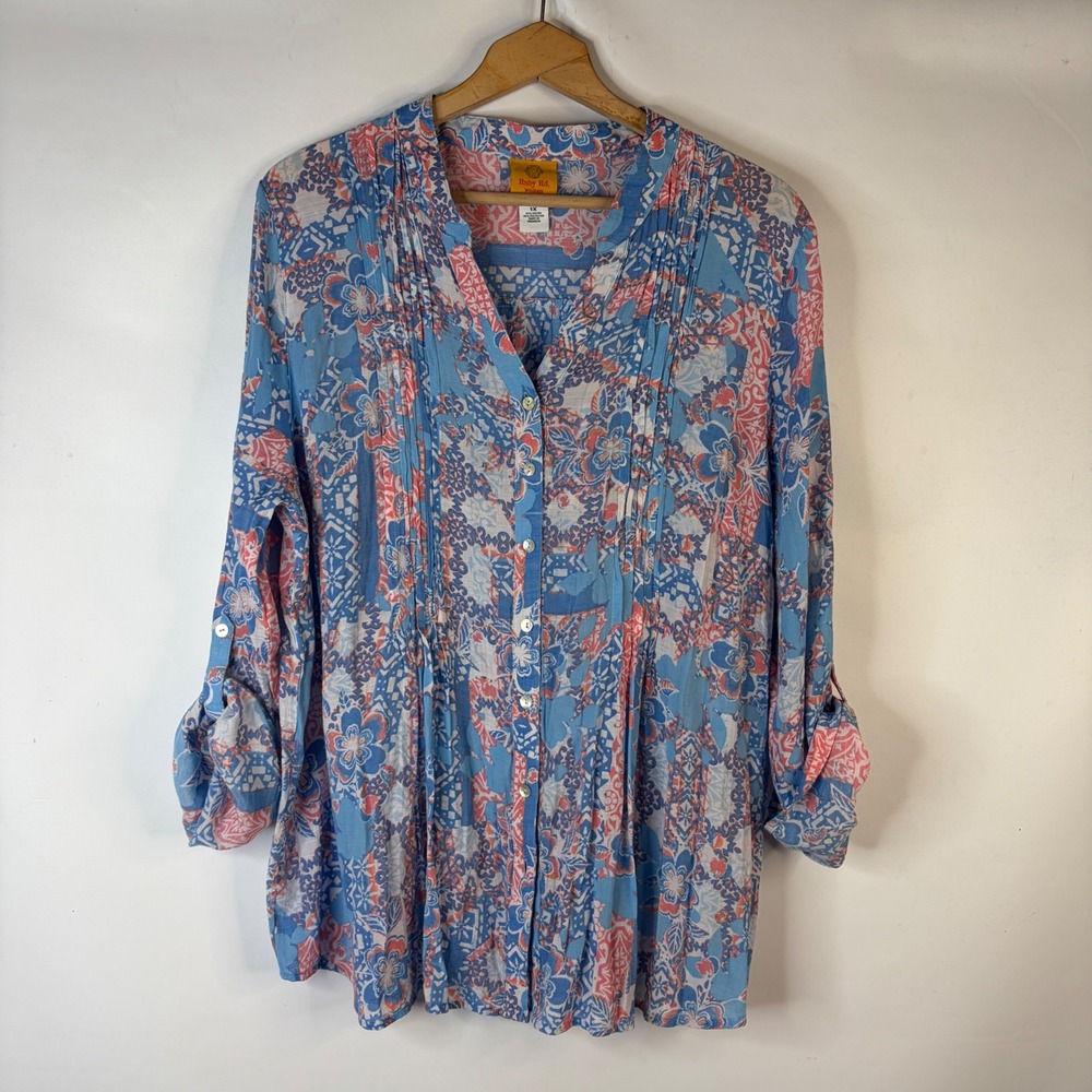 Ruby Rd Blouse Women 1X Blue Floral Patchwork Pintuck Roll Tab Sleeve